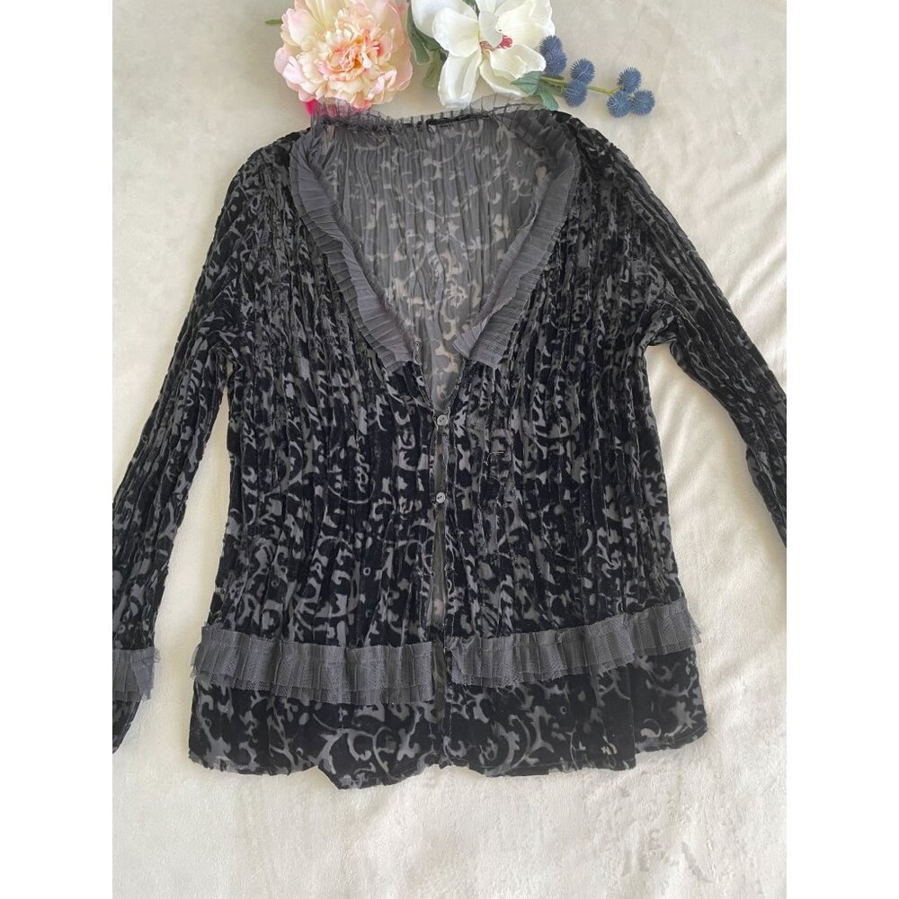 Crushed burnt Velvet Cardigan Whimsigoth Sheer Ruffle Trim & Button Front Size L